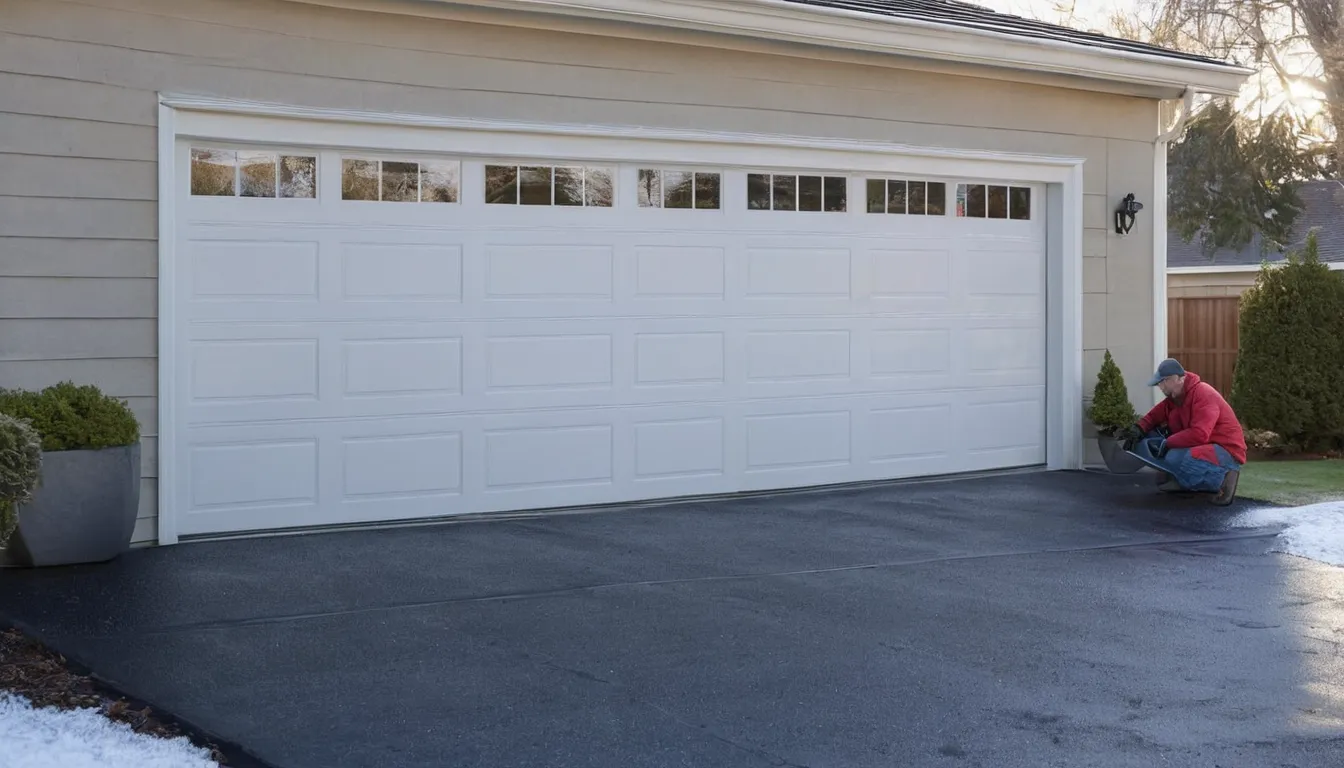 A friendly provider checking a residential garage door in Woodbury on a crisp winter morning